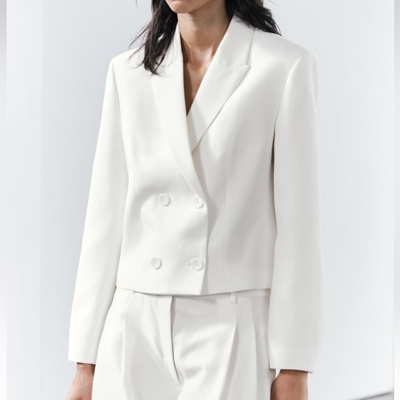 New ZARA Cropped Double Breasted Linen Blend Blazer ZW Collection - Picture 2 of 8